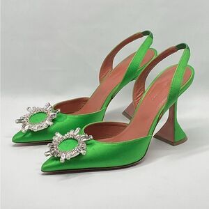 Amina Muaddi  Begum 95MM Satin & Crystal-Adorned Slingback Pumps size 37.5